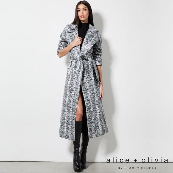 Alice + Olivia **NWT** Jarrett Vegan Leather Trench In Off White/Black Python - Picture 4 of 7